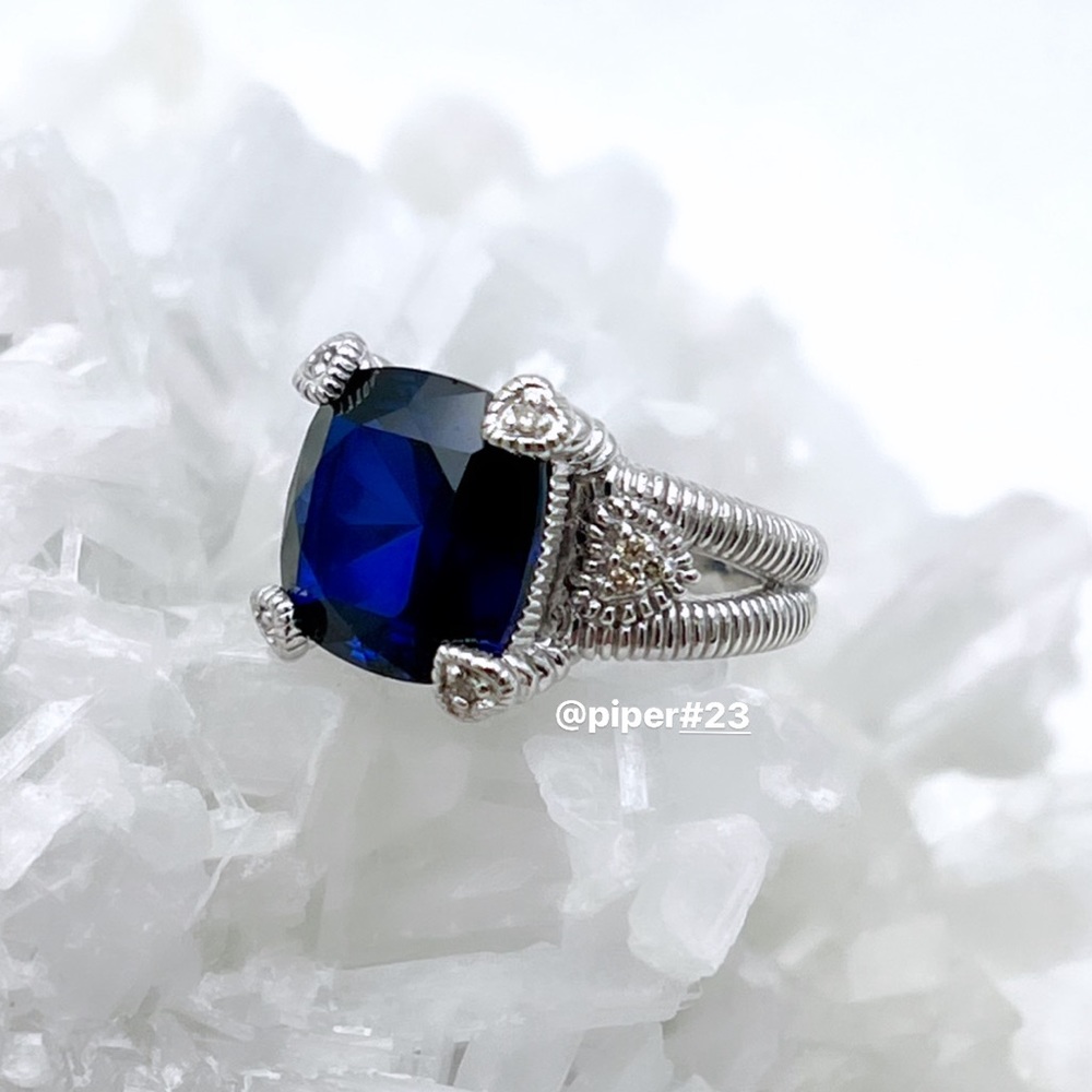 EUC Judith Ripka Blue Corundum & Diamond Fontaine Split Shank Ring - 6 - Picture 4 of 10